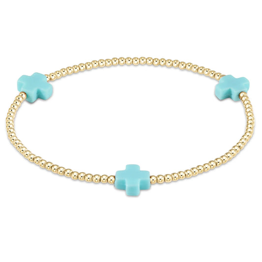 Signature Cross Gold Pattern 3mm Bead Bracelet - Turquoise