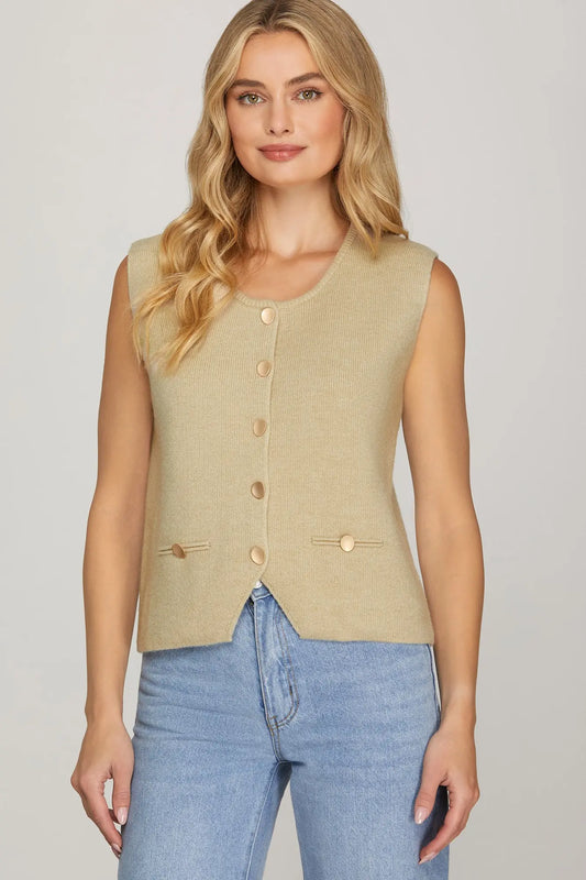Taupe Round Neck Button Up Sweater Vest