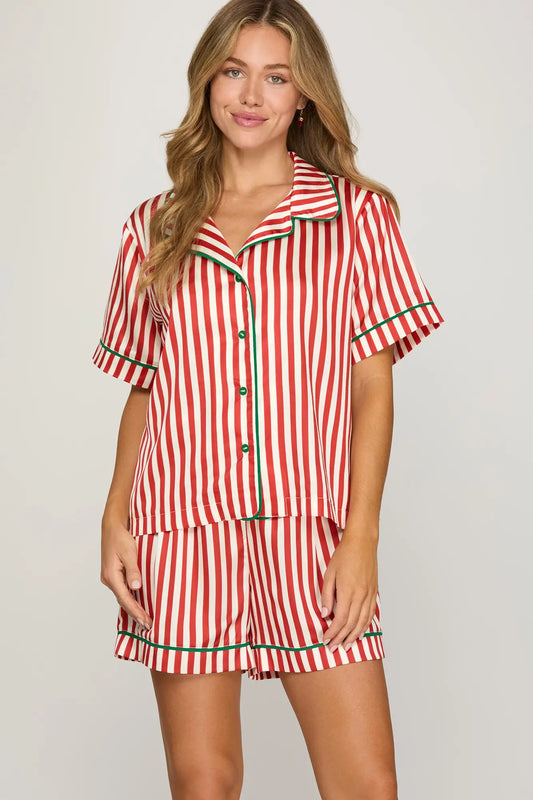 Striped PJ Set With Green Piping Detail