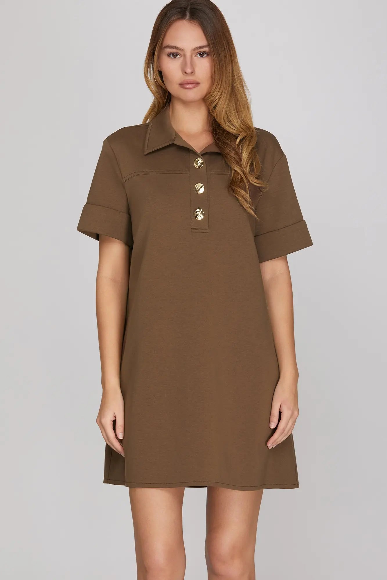 Gold Button Mocha Dress