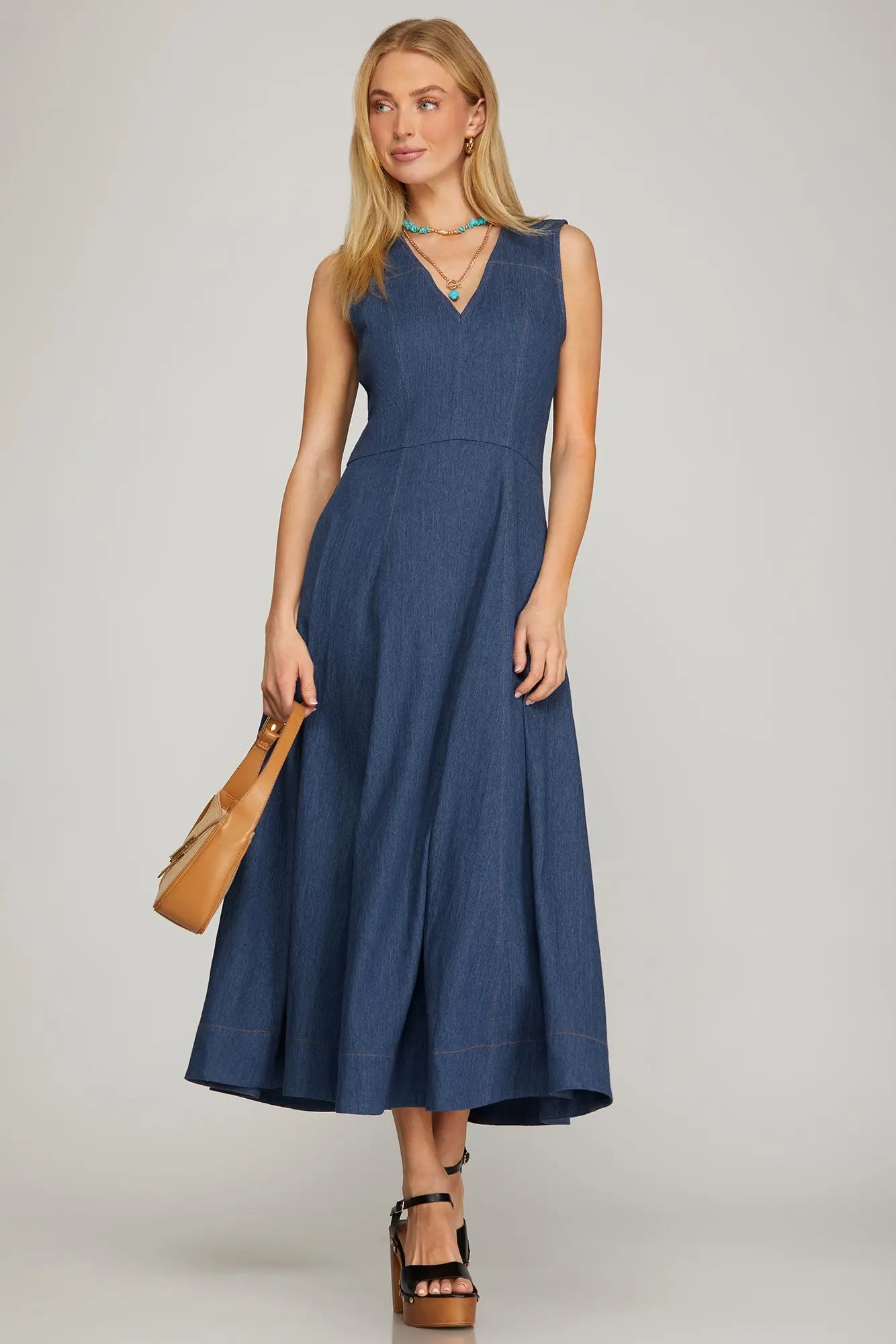 V Neck Denim Midi Dress