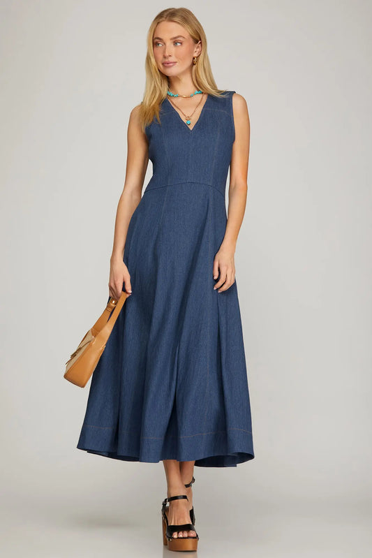 V Neck Denim Midi Dress