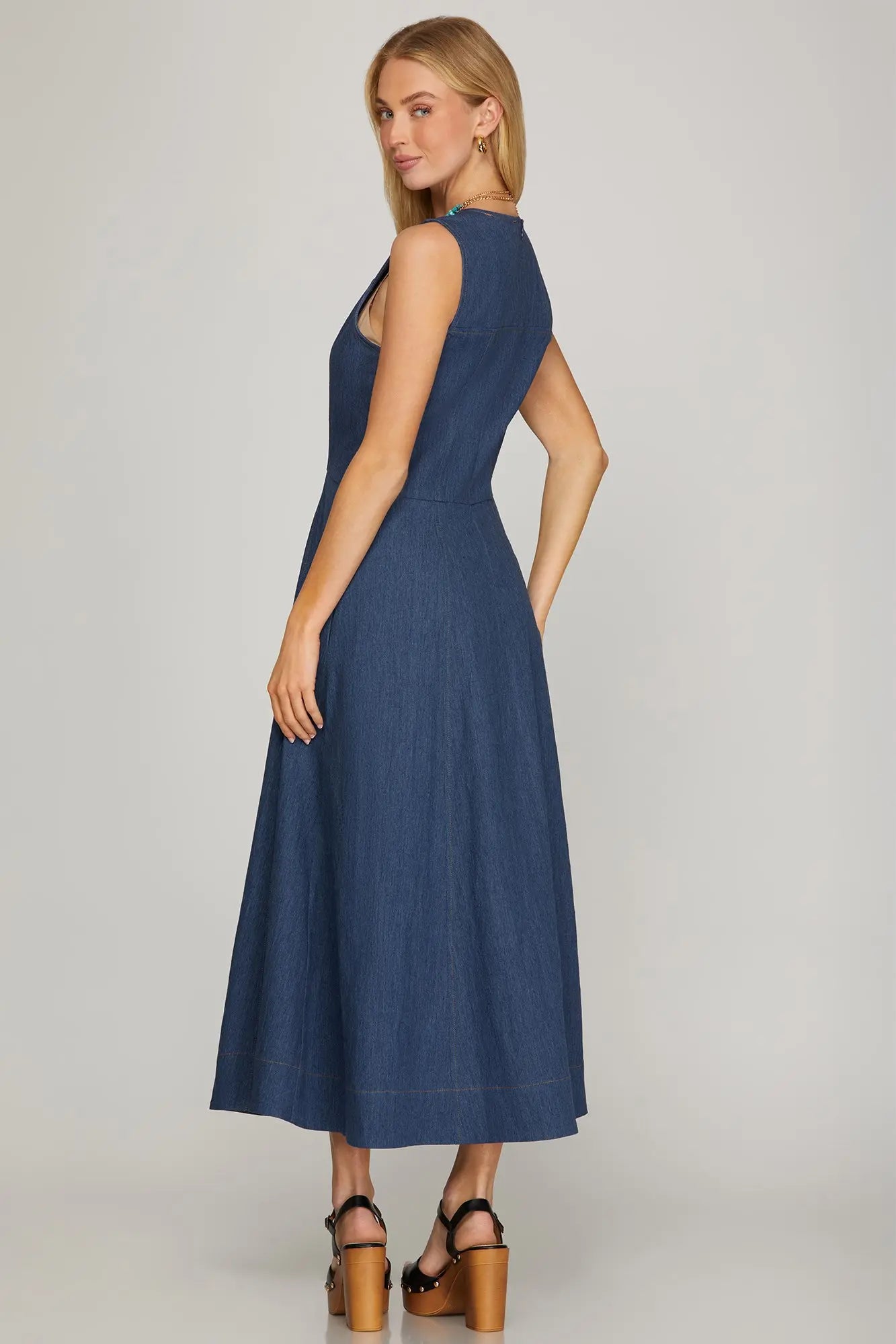 V Neck Denim Midi Dress