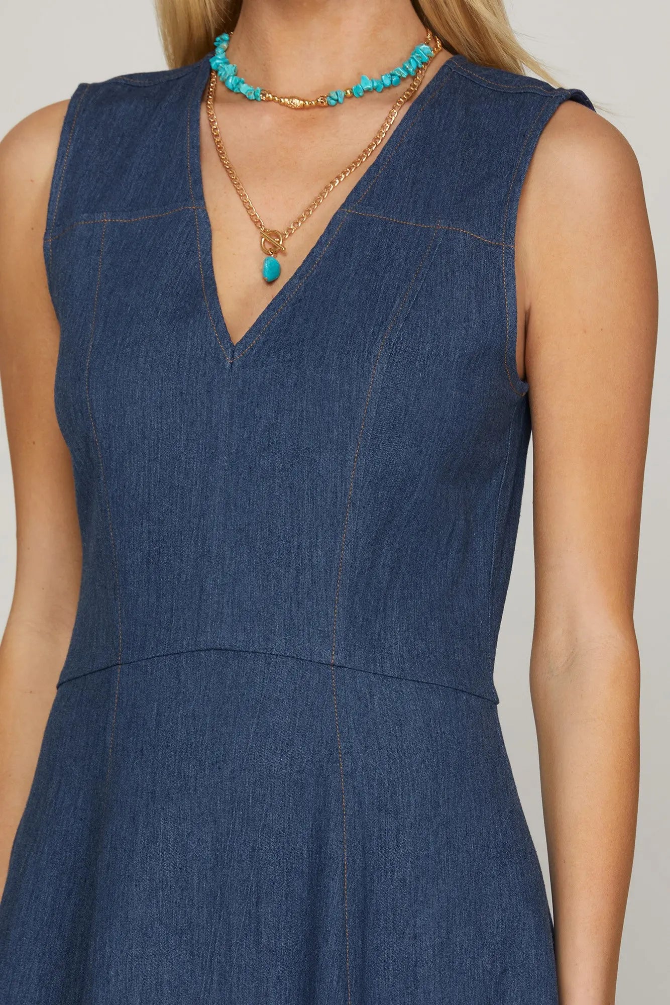 V Neck Denim Midi Dress