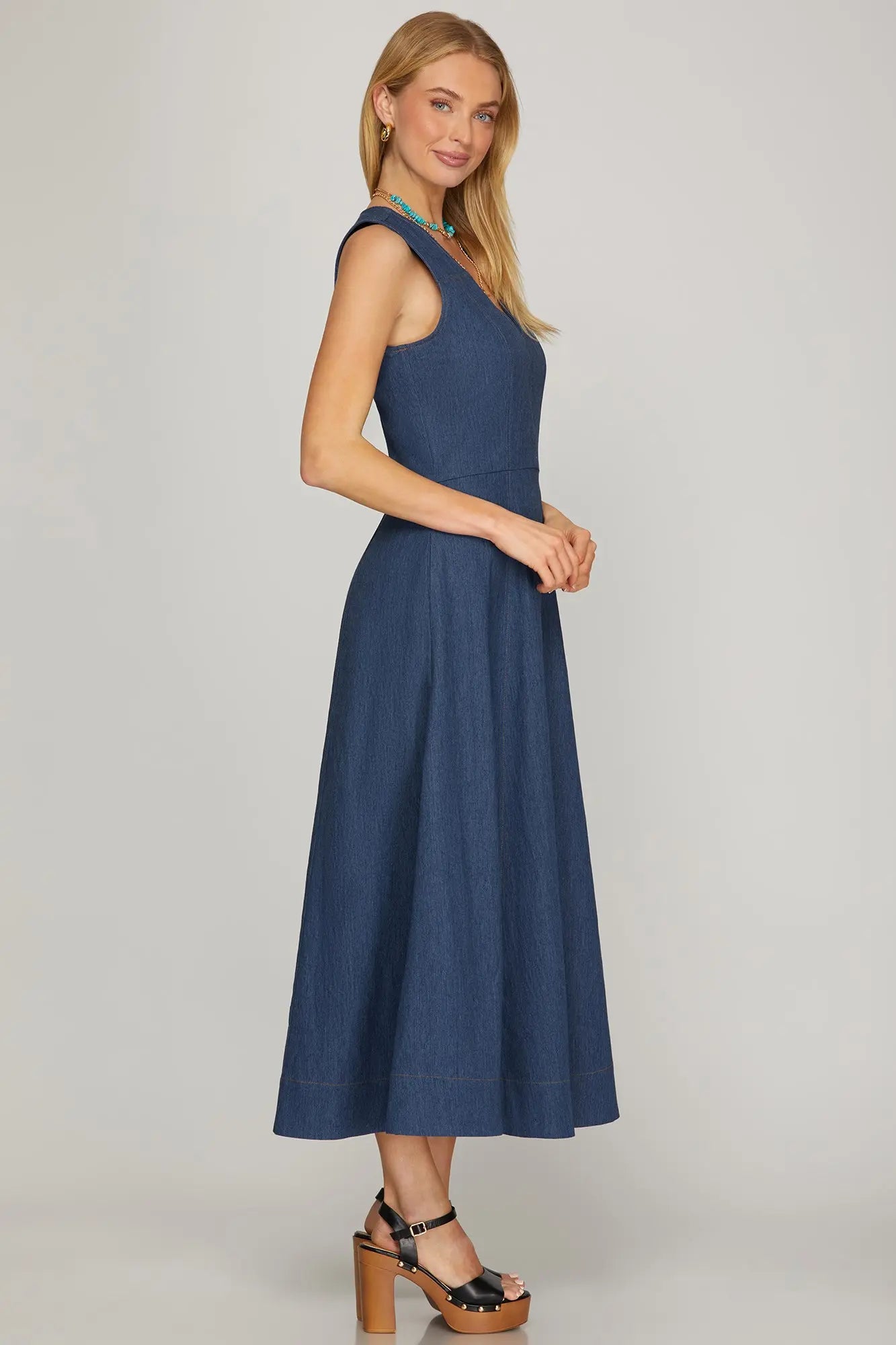 V Neck Denim Midi Dress