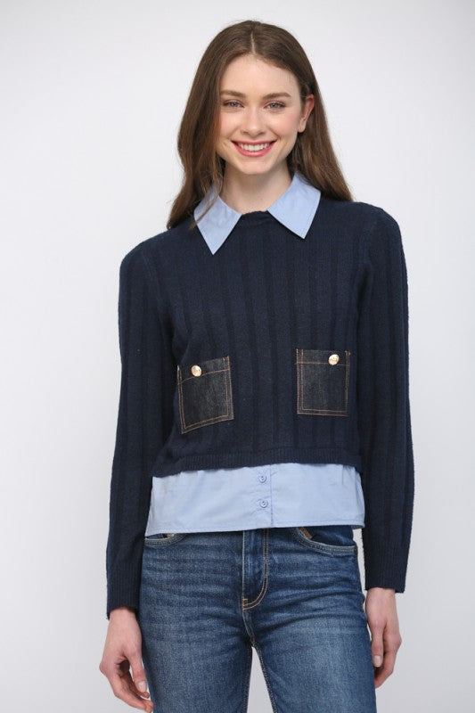 Denim Patch Pocket Sweater
