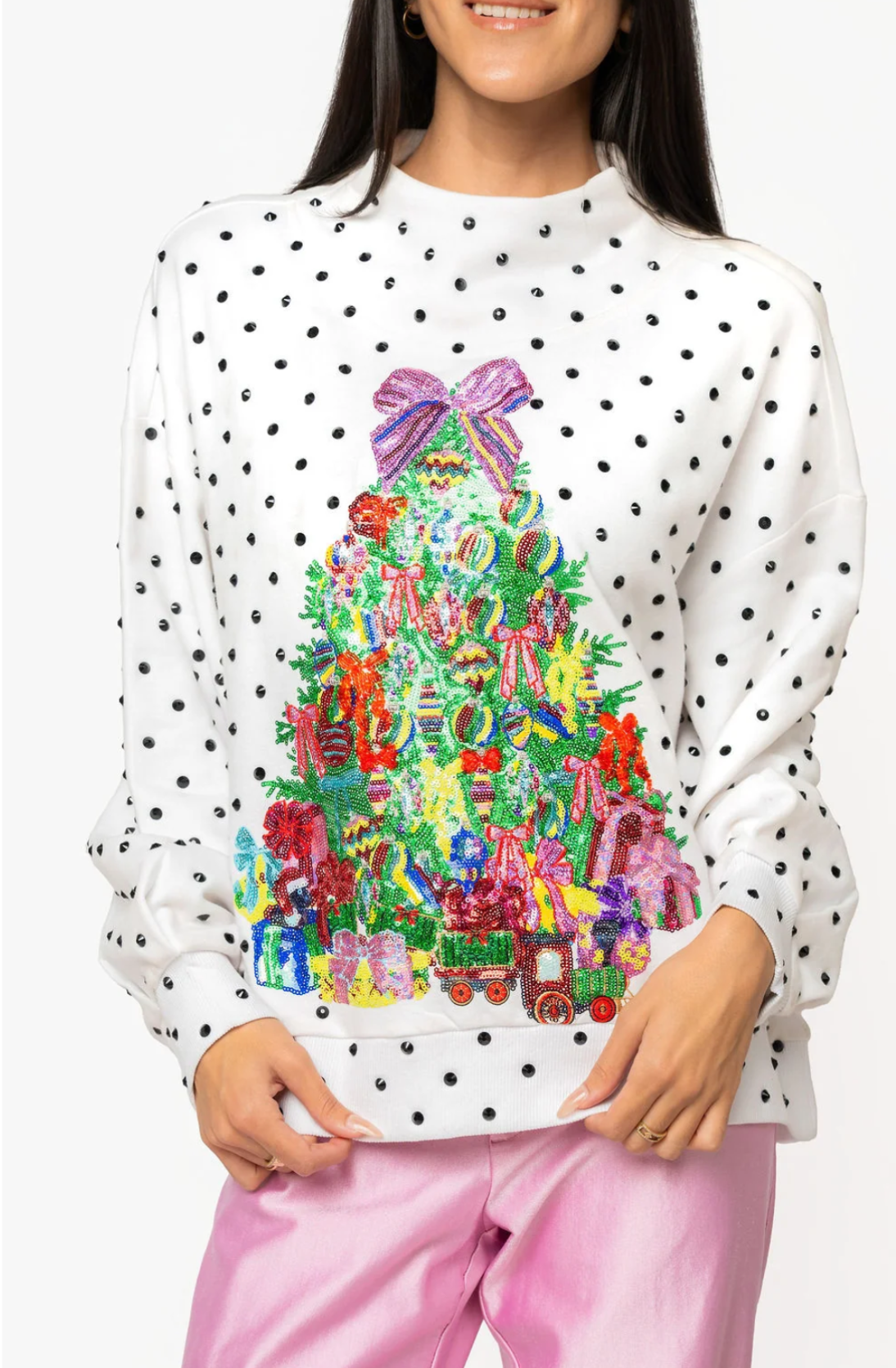 White & Black Polka Dot Studded Multi Christmas Tree Mockneck