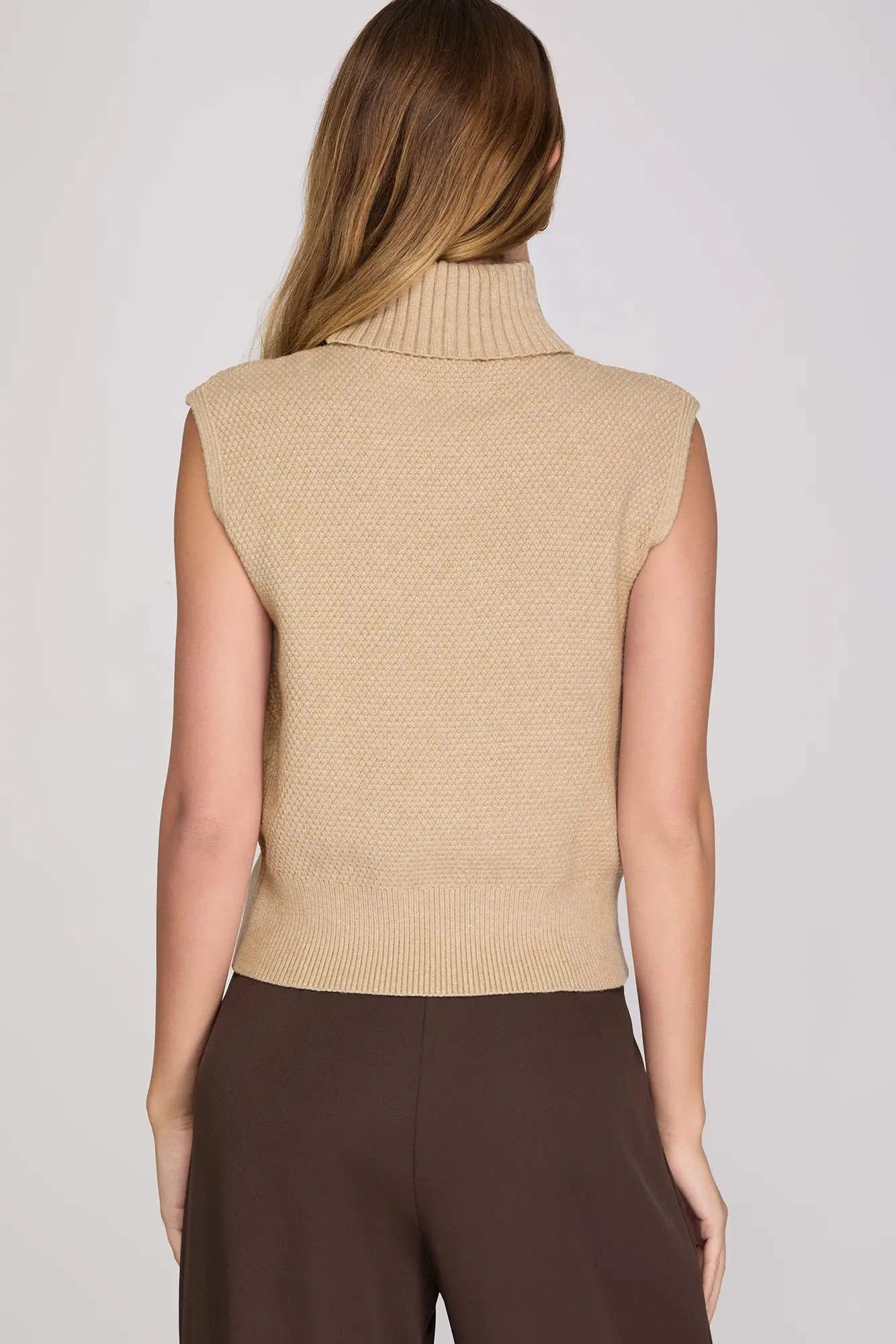 Cap Sleeve Turtle Neck Sweater Top - Taupe