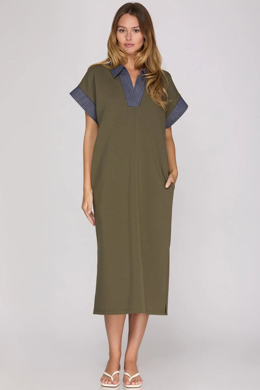 Olive And Denim Midi Dress
