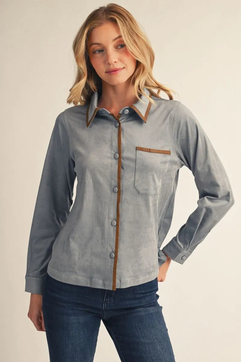 Faux Suede Long Sleeve Top - Light Blue