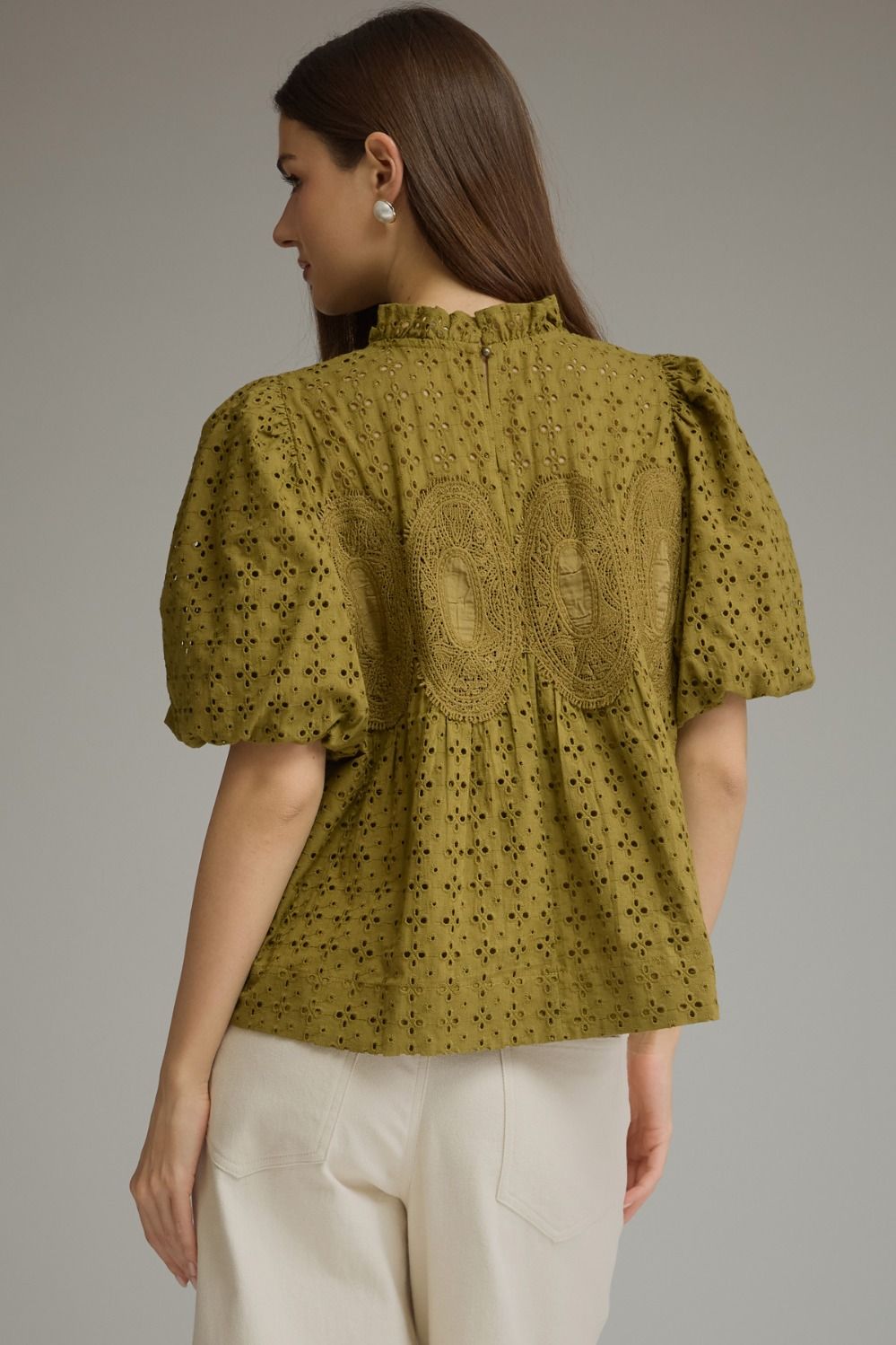 Eyelet Puff Sleeve Top - Olive