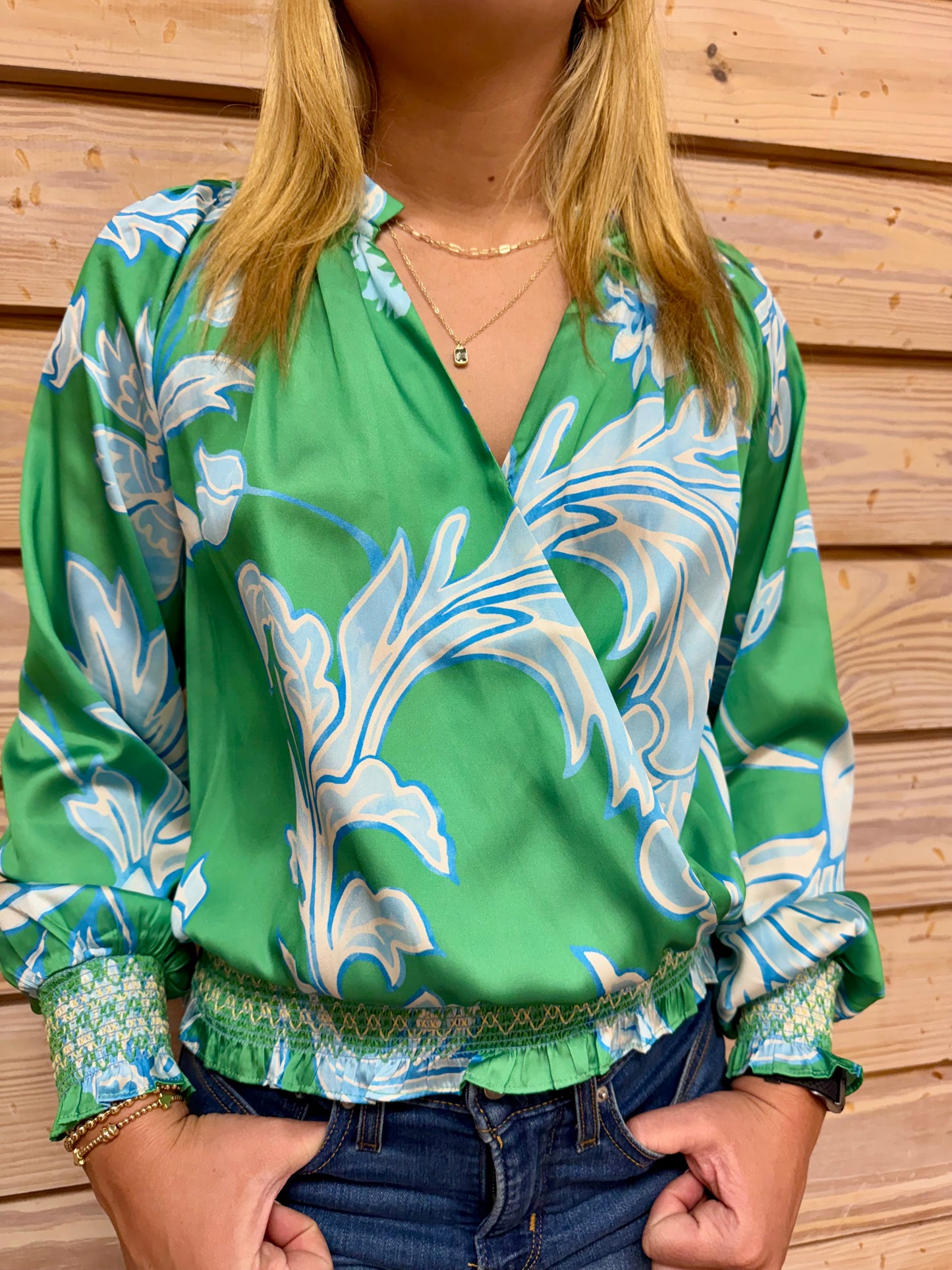 V Neck Smocked Cuff Top