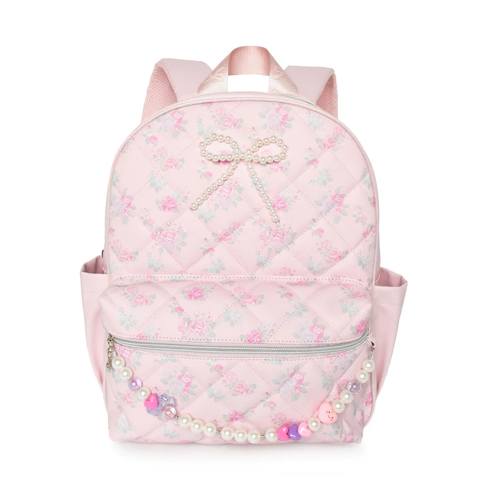 Floral Print Quilted Large Backpack with Pearl Charm