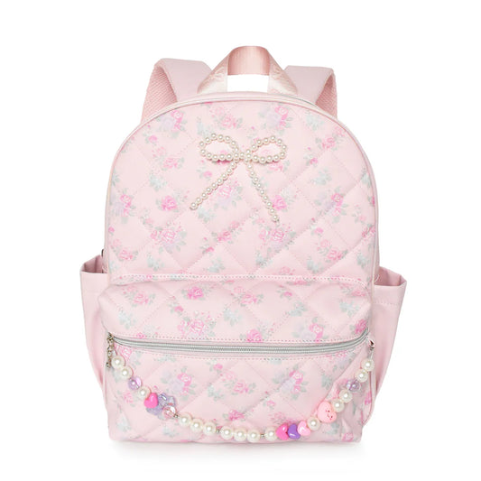 Floral Print Quilted Large Backpack with Pearl Charm