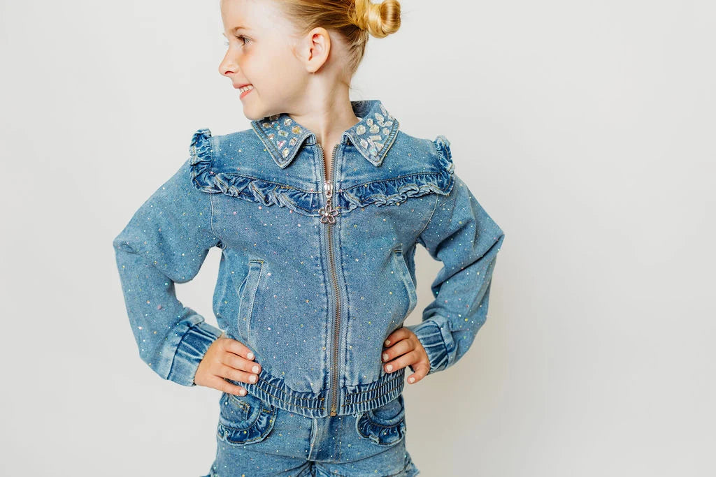 Rhinestone & Ruffle Denim Bomber Jacket