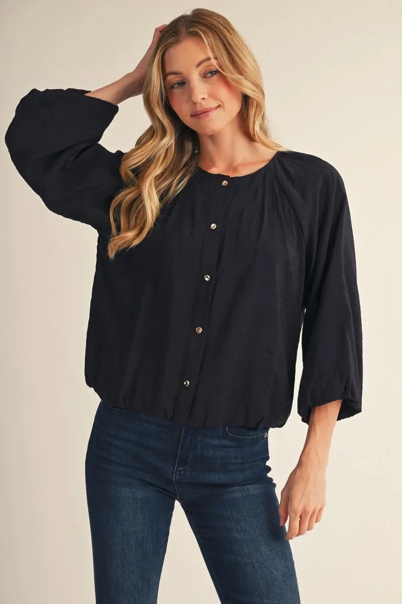 3/4 Puff Sleeve Crinkle Top - Black