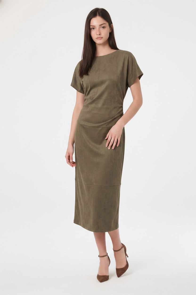 Faux Suede Draped Neckline Midi Dress