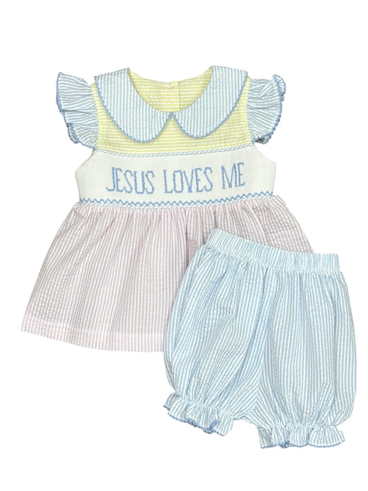 Jesus Loves Me Smocked Bloomer Set