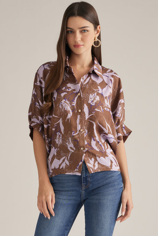 Brown Printed Dolman Top
