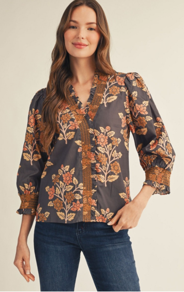 Embroidered Smocking Detail Floral Top