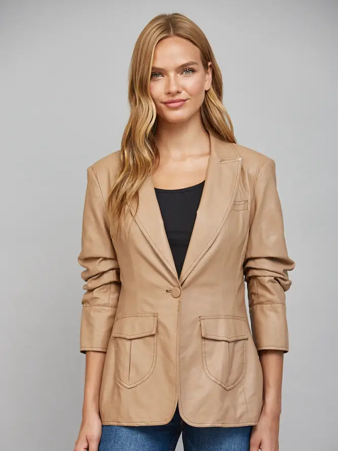 Ruched Sleeve Leather Blazer