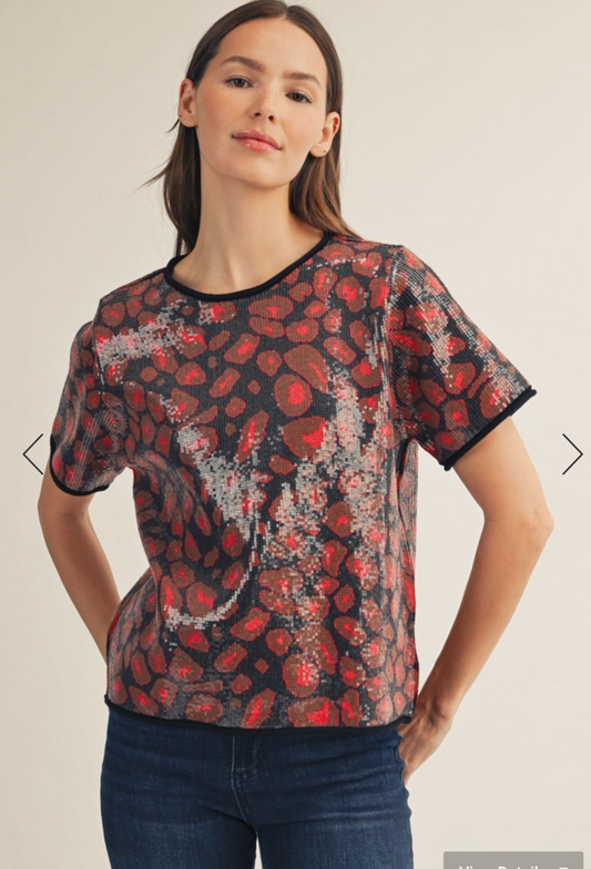Rolled Edge Detail Sequins Covered Leopard Sweater