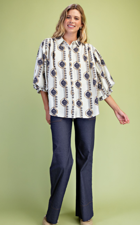 Printed Button Down Gathered 3/4 Sleeve