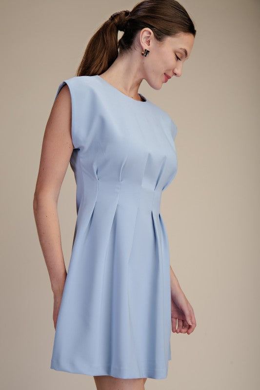 Round Neck Waist Pleated Mini Dress
