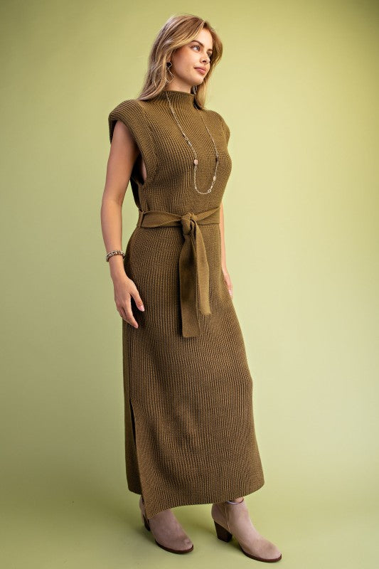 Olive High Neck Knit Midi Dress