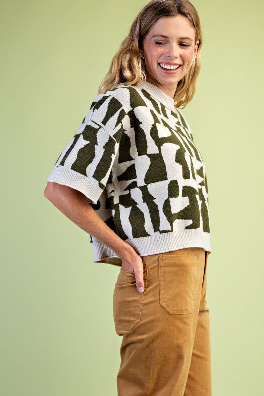 Olive Geometric Knit Top