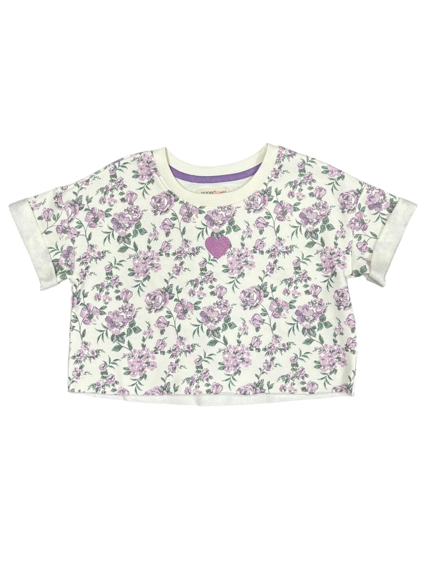 Purple Floral Print Top With Embroidered Heart