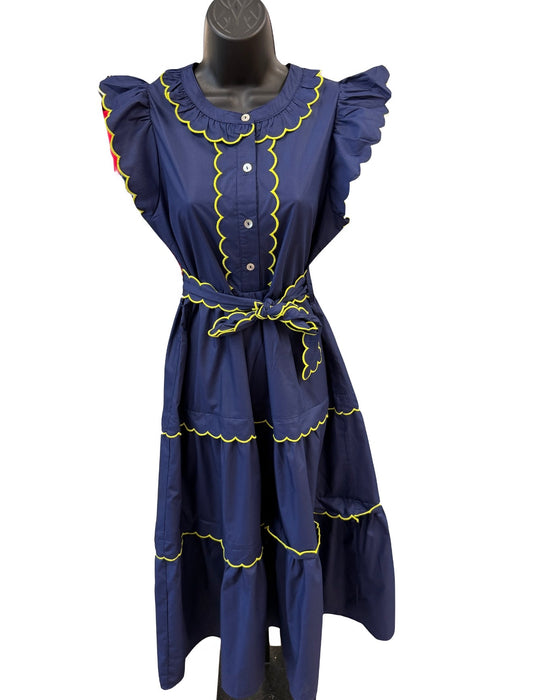 Navy Scallop Trim Midi Dress