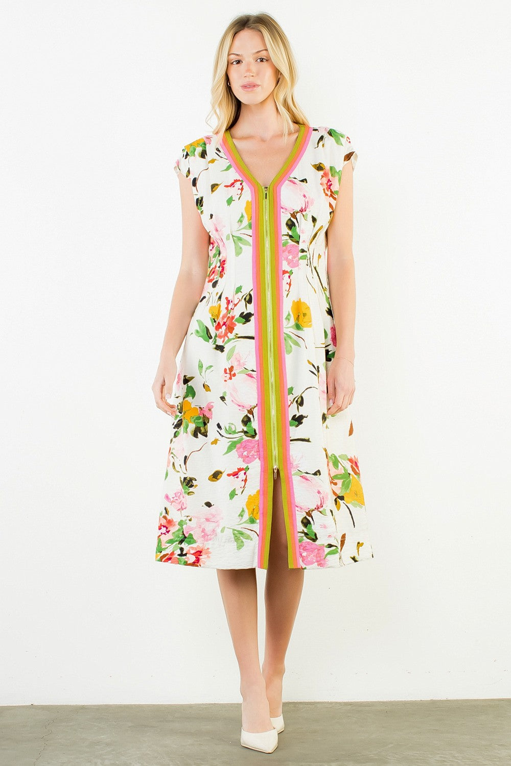 Sleeveless Zipper Front Floral Dress