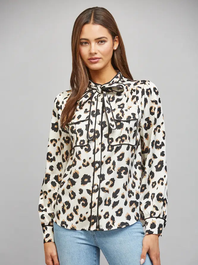 Animal Print Piping Detail Long Sleeve Top