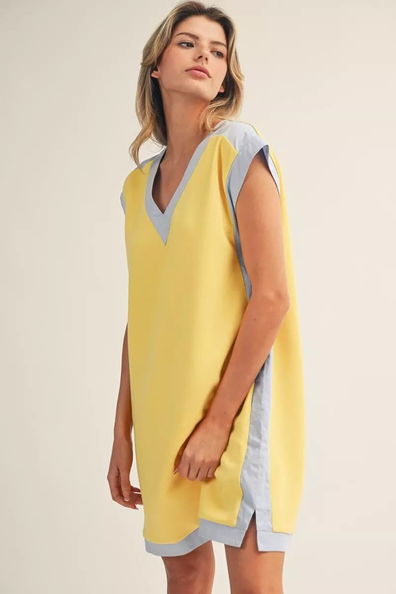 V-Neck Shift Dress - Yellow/Blue