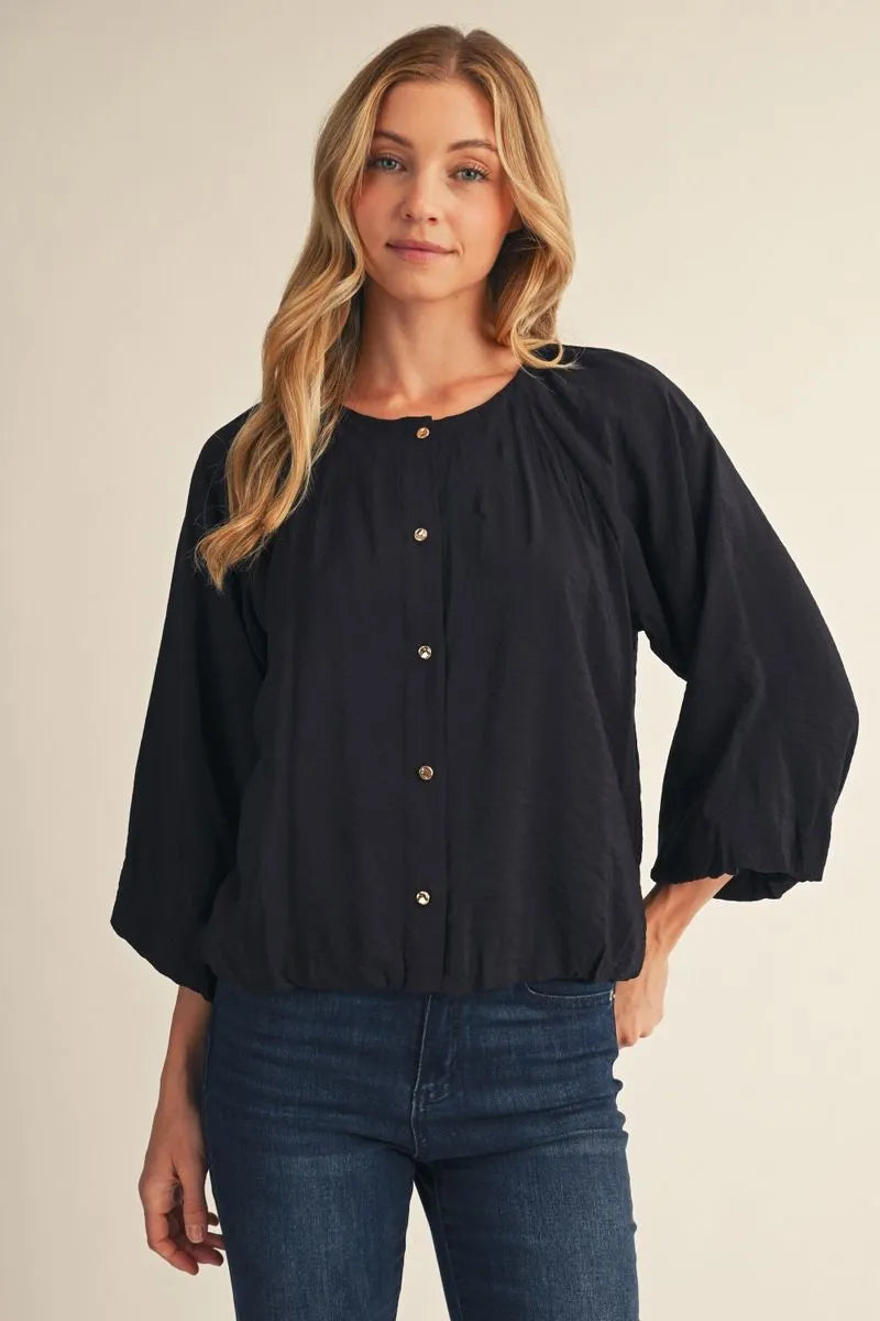 3/4 Puff Sleeve Crinkle Top - Black