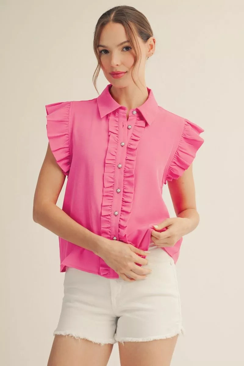 Collar Cap Sleeve Top - Hot Pink