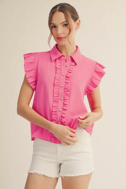 Collar Cap Sleeve Top - Hot Pink