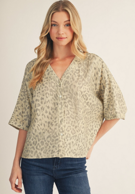 Button Down Metallic Leopard Top in Dusty Sage