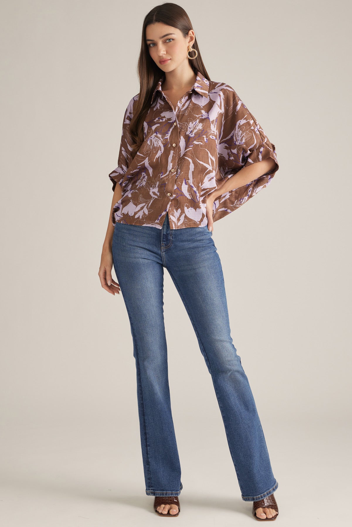 Brown Printed Dolman Top