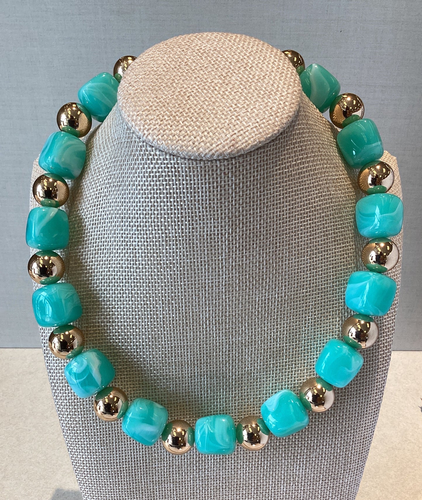 Acrylic Beaded Necklace in of Turquoise Marble Design with Gold Accent