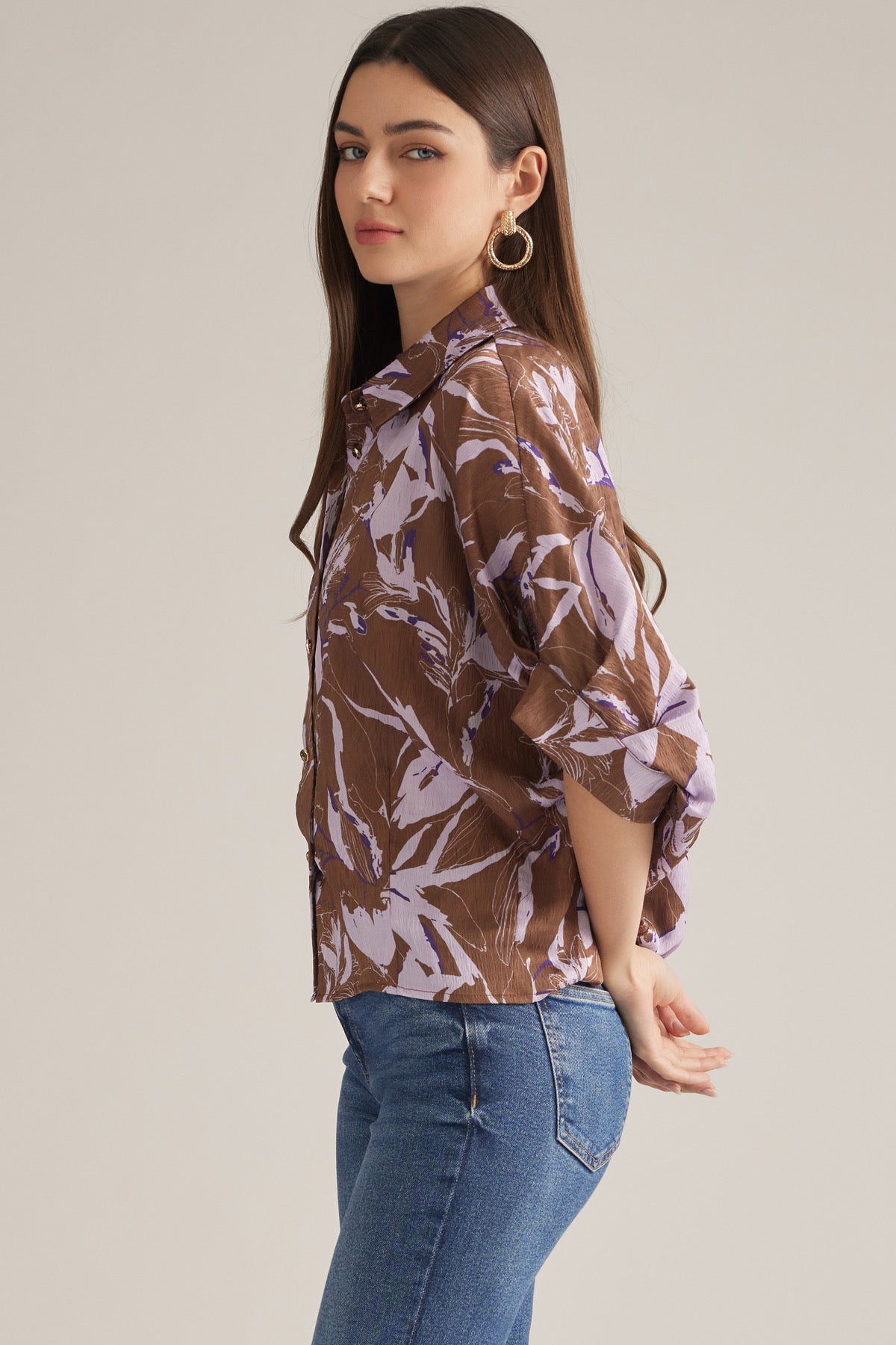 Brown Printed Dolman Top