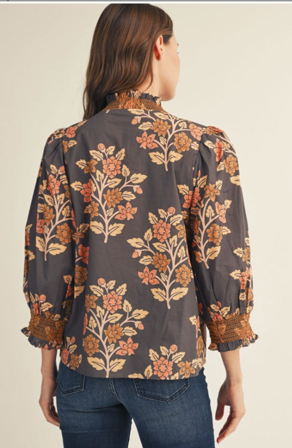 Embroidered Smocking Detail Floral Top