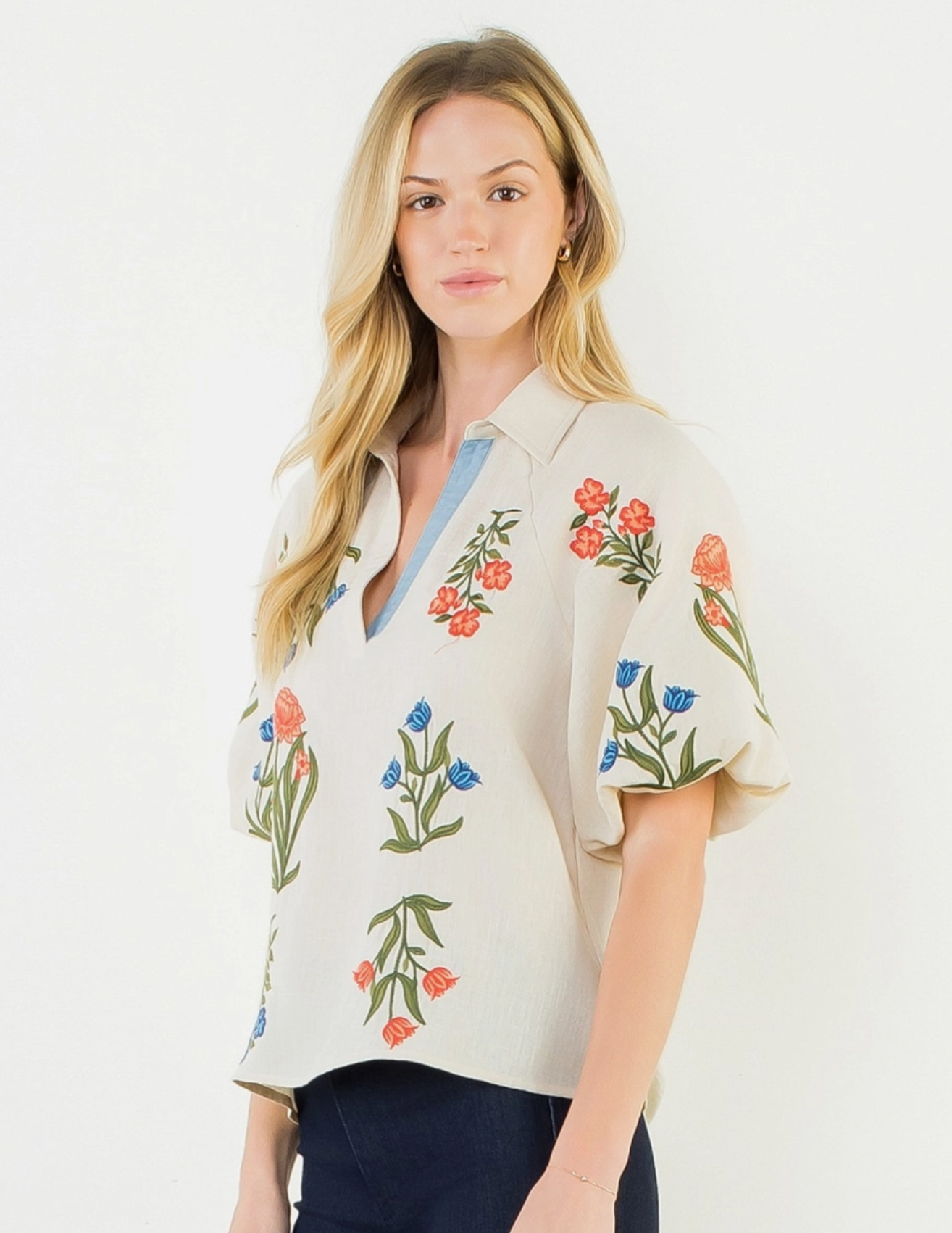 Collard V-Neck Embroidery Floral Top