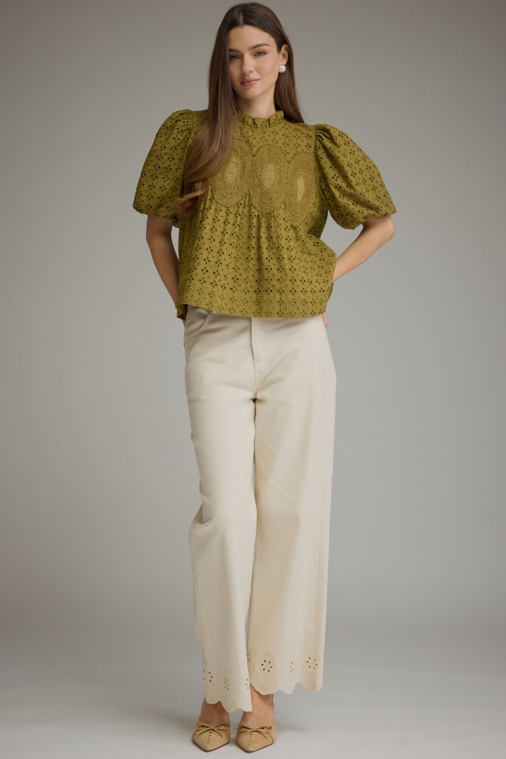 Eyelet Puff Sleeve Top - Olive