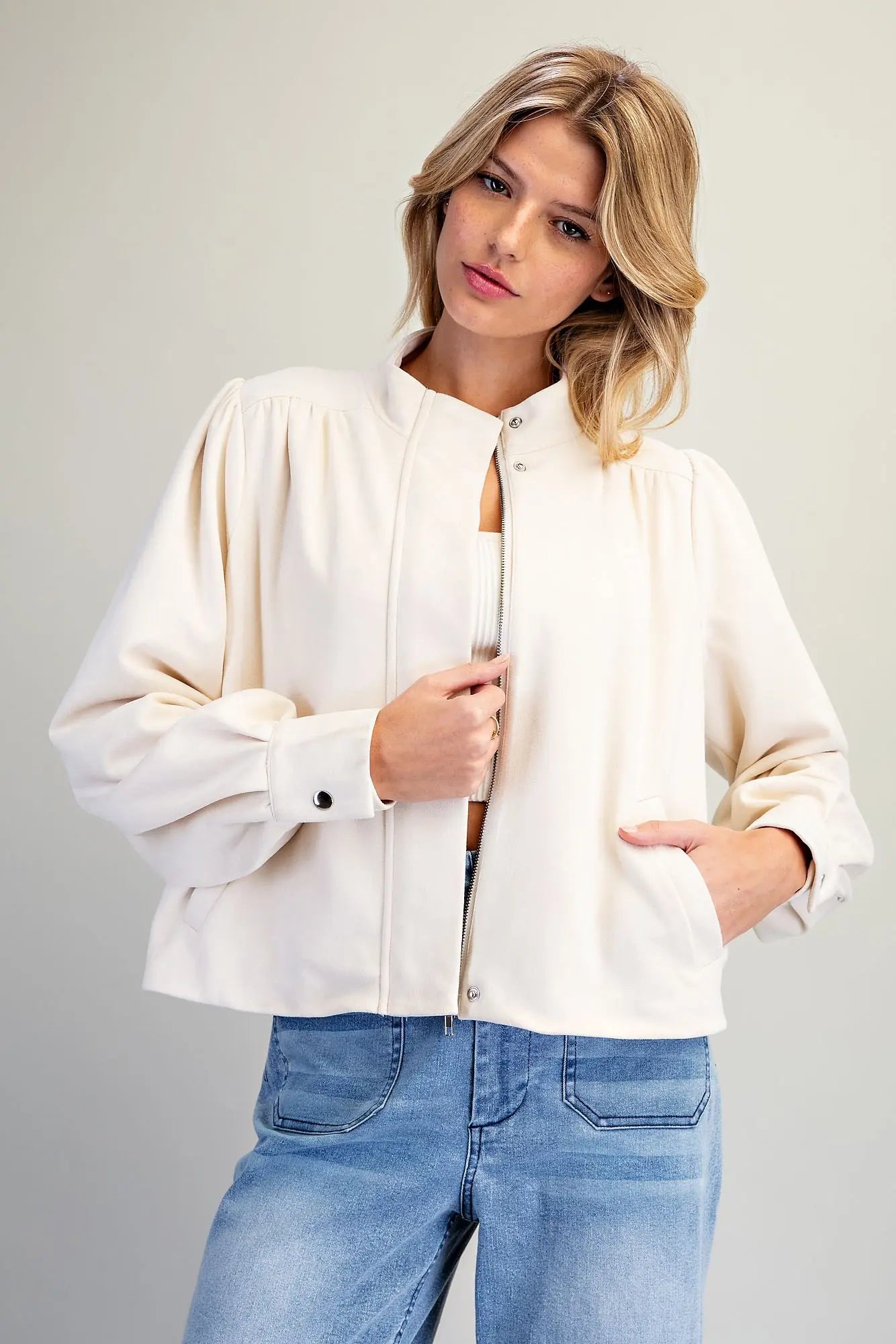 Suede Mock Neck Zip Up Jacket