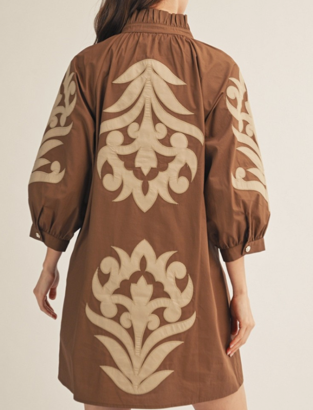 Brown and Tan Baroque Floral Dress