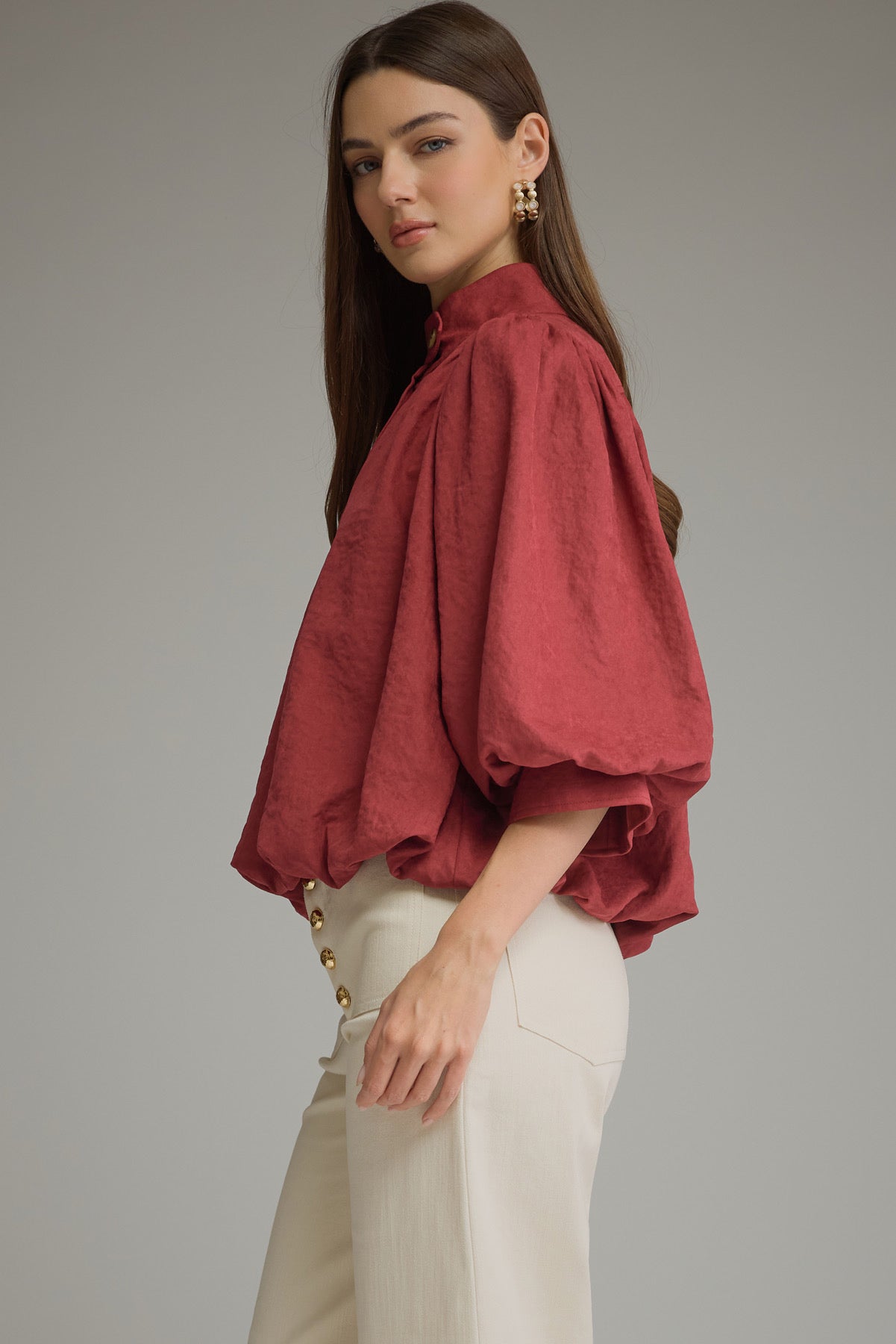 Balloon Sleeve Top - Burgundy