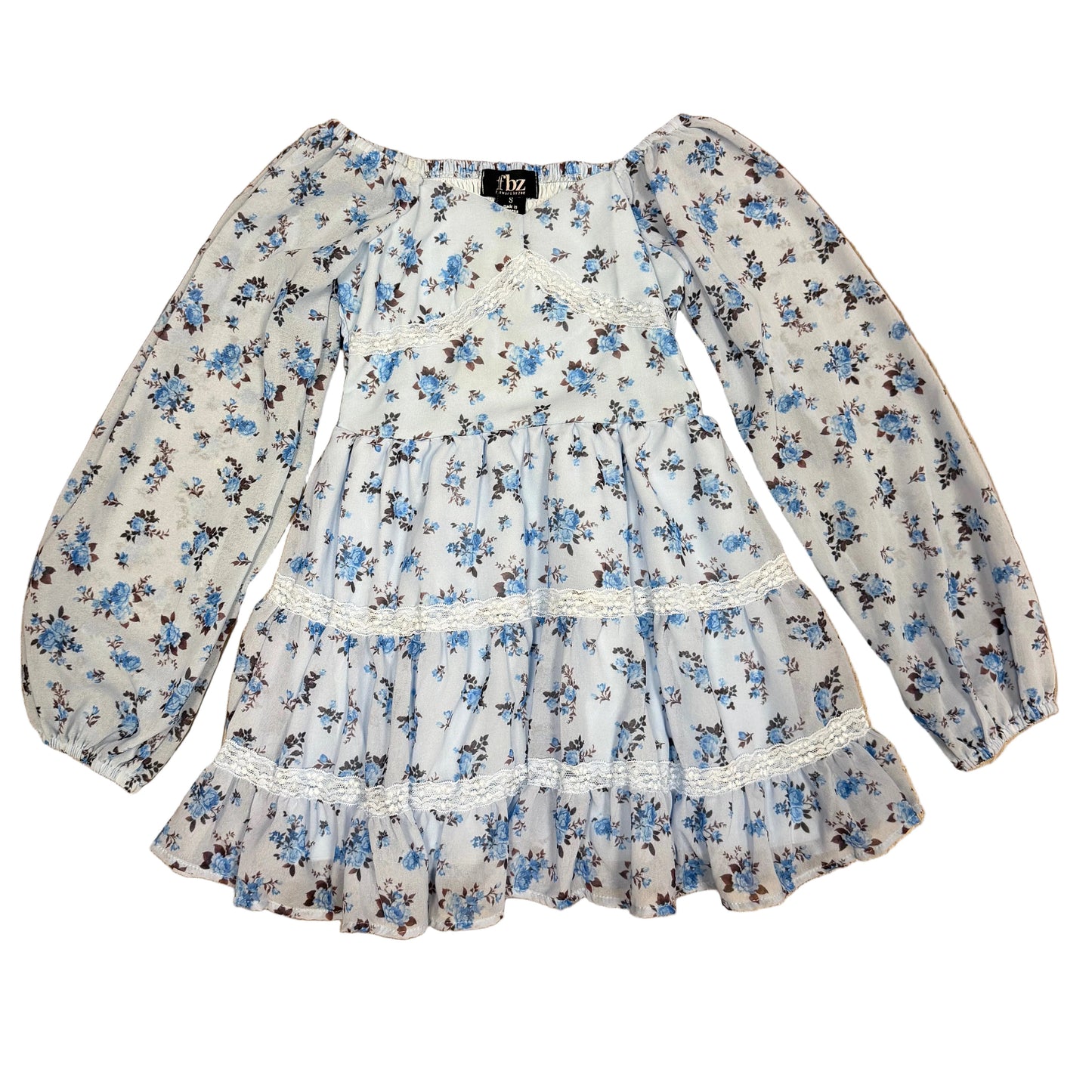 Blue/Brown Floral L/S Chiffon Dress