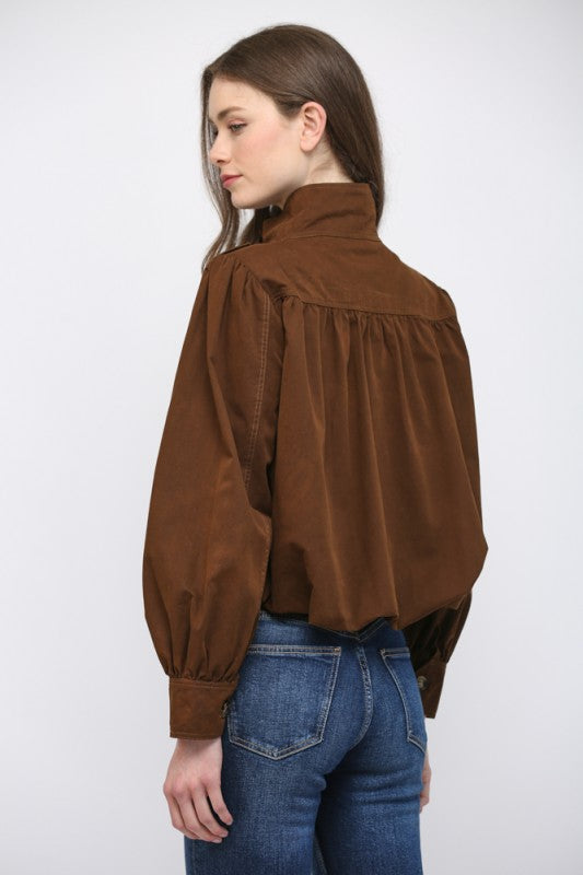 High Stand Collar Bomber Jacket - Dark Brown